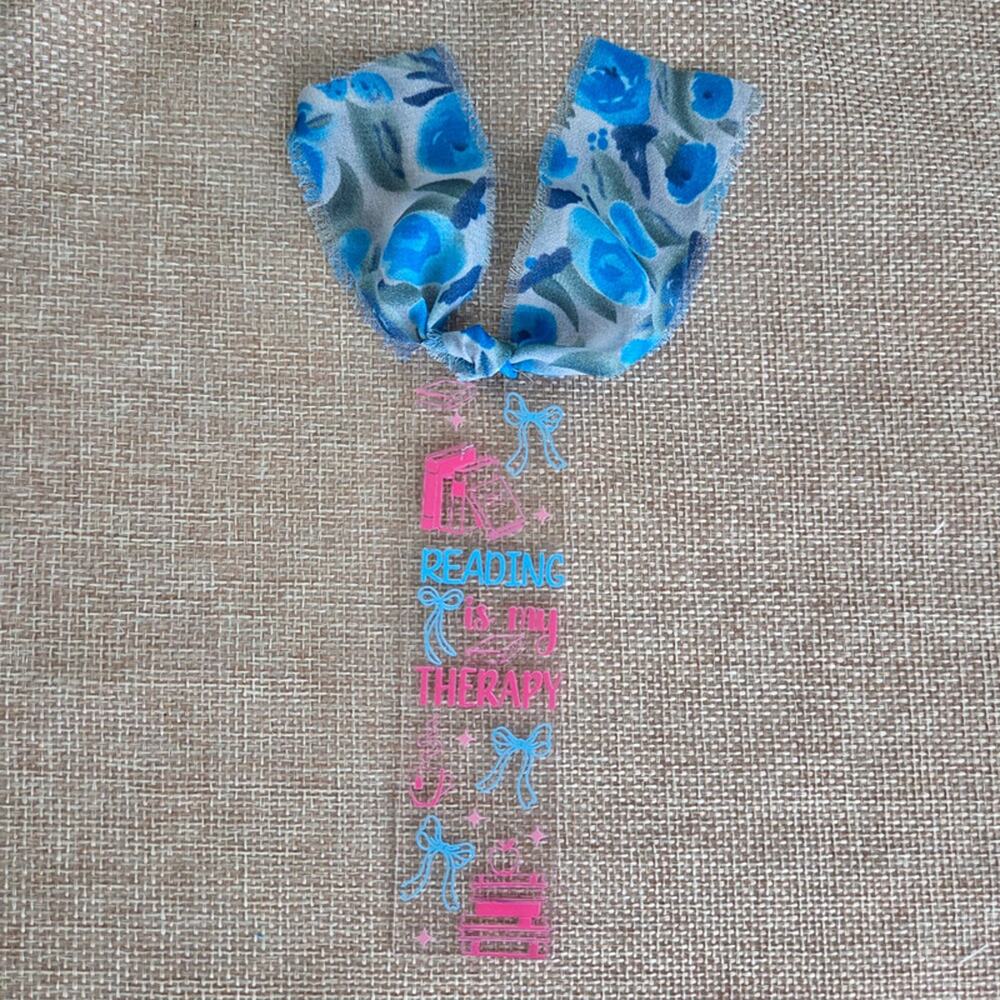 Reading is my therapy handmade acrylic bookmark pink blue ribbon